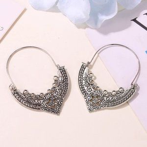 Silver BOHO Ornate V Hoop Earrings